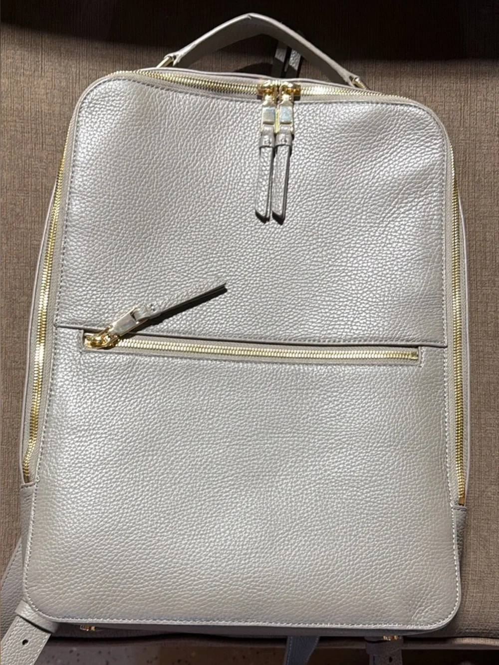 Quince Marlow Laptop Leather Backpack Tote in ‘mink’ with Gold Hardware